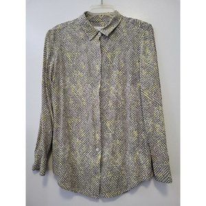 Equipment Geometric Print Silk Blouse in Black, White & Yellow L
